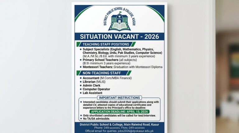 District Public School & College, Kasur Jobs 2026