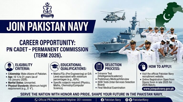 Jobs at Pakistan Navy PN Cadet Permanent Commission Recruitment Open